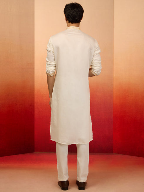 Men's Chiku Silk Blend Embroidered Kurta with Cream Pyjama